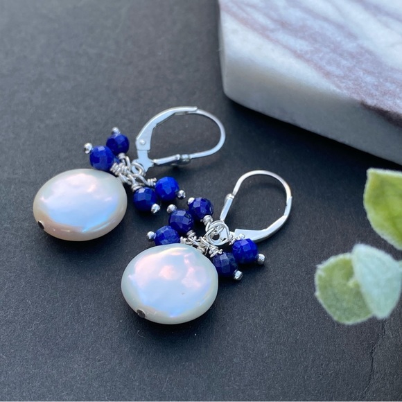 Pearl Lapis Lazuli Earrings Hoops Lever back Sterling Silver - Picture 3 of 7